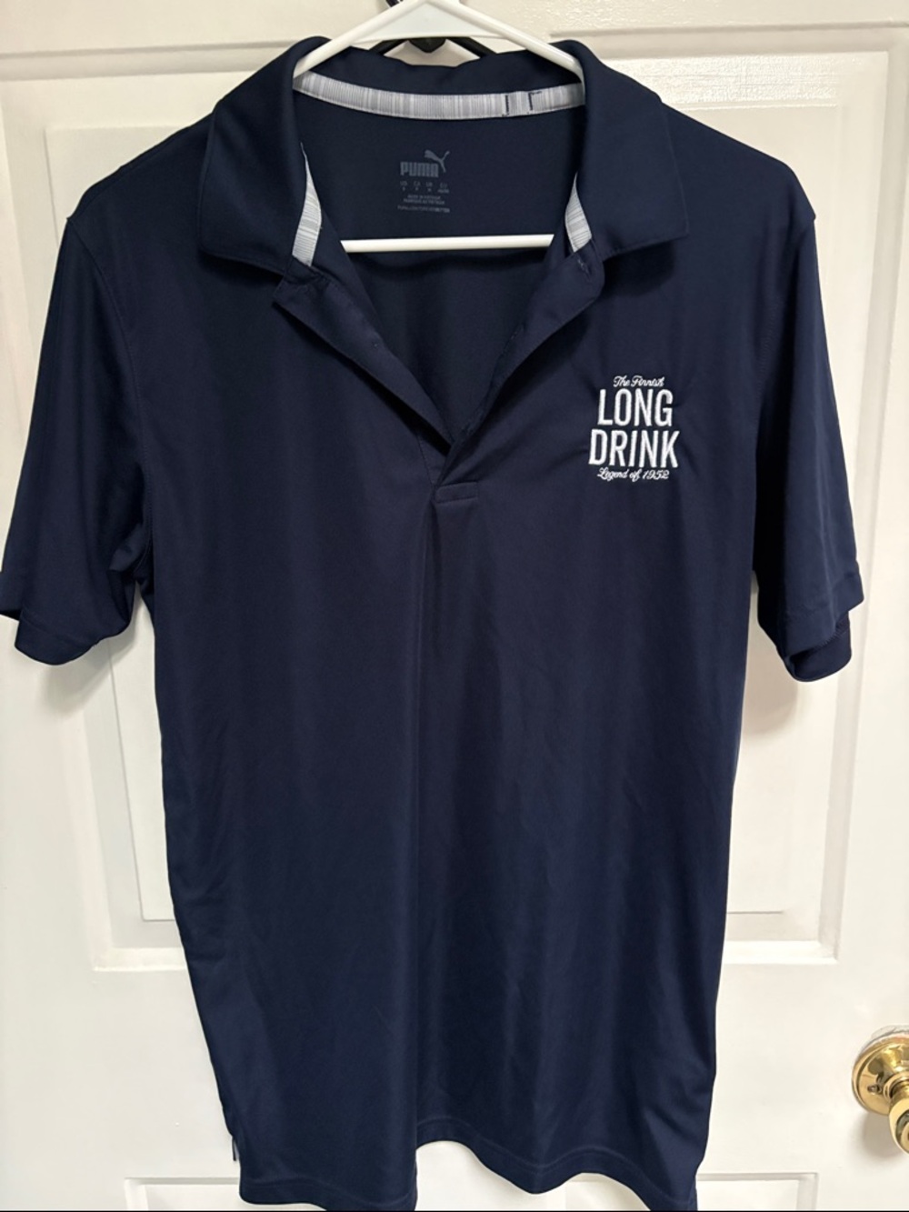 Puma Navy Short-Sleeve Polo with 'Long Drink' Chest Print size small